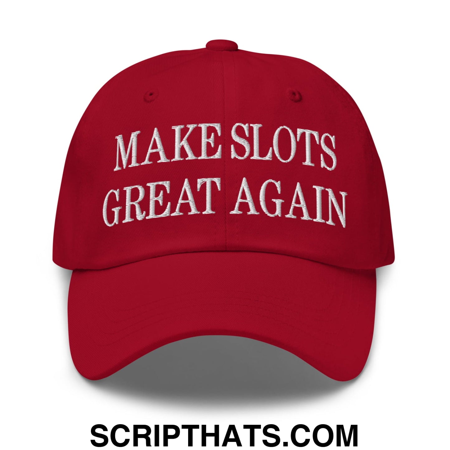 Red embroidered unstructured dad hat with white make slots great again text perfect for casual wear