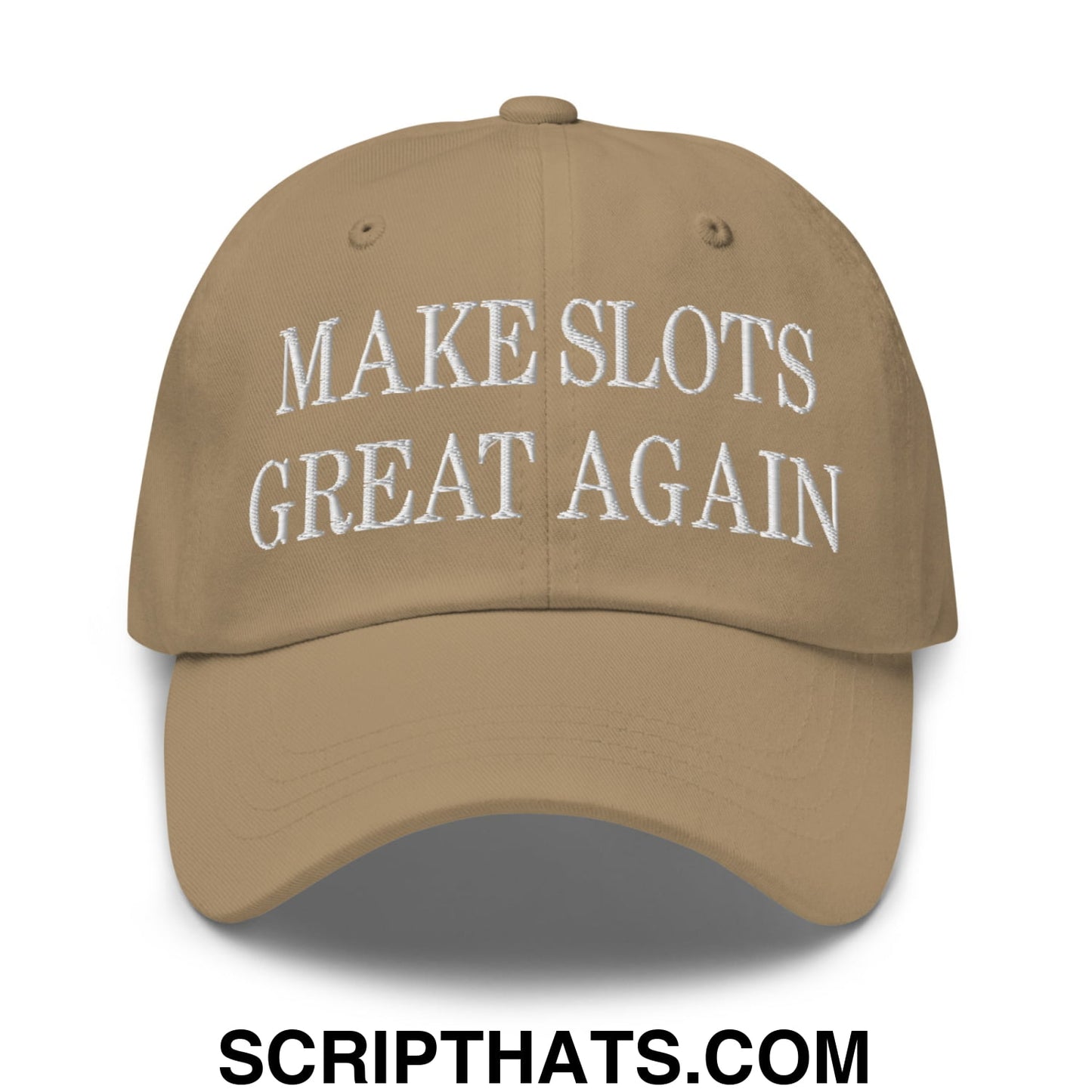 Tan unstructured dad hat with white embroidered make slots great again text for casual wear
