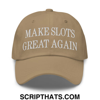 Tan unstructured dad hat with white embroidered make slots great again text for casual wear