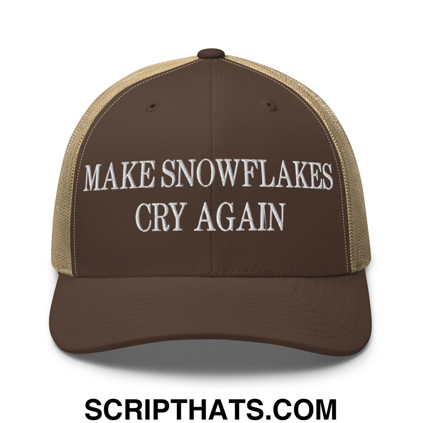 Make Snowflakes Cry Again Embroidered Mesh Trucker Hat Brown Khaki