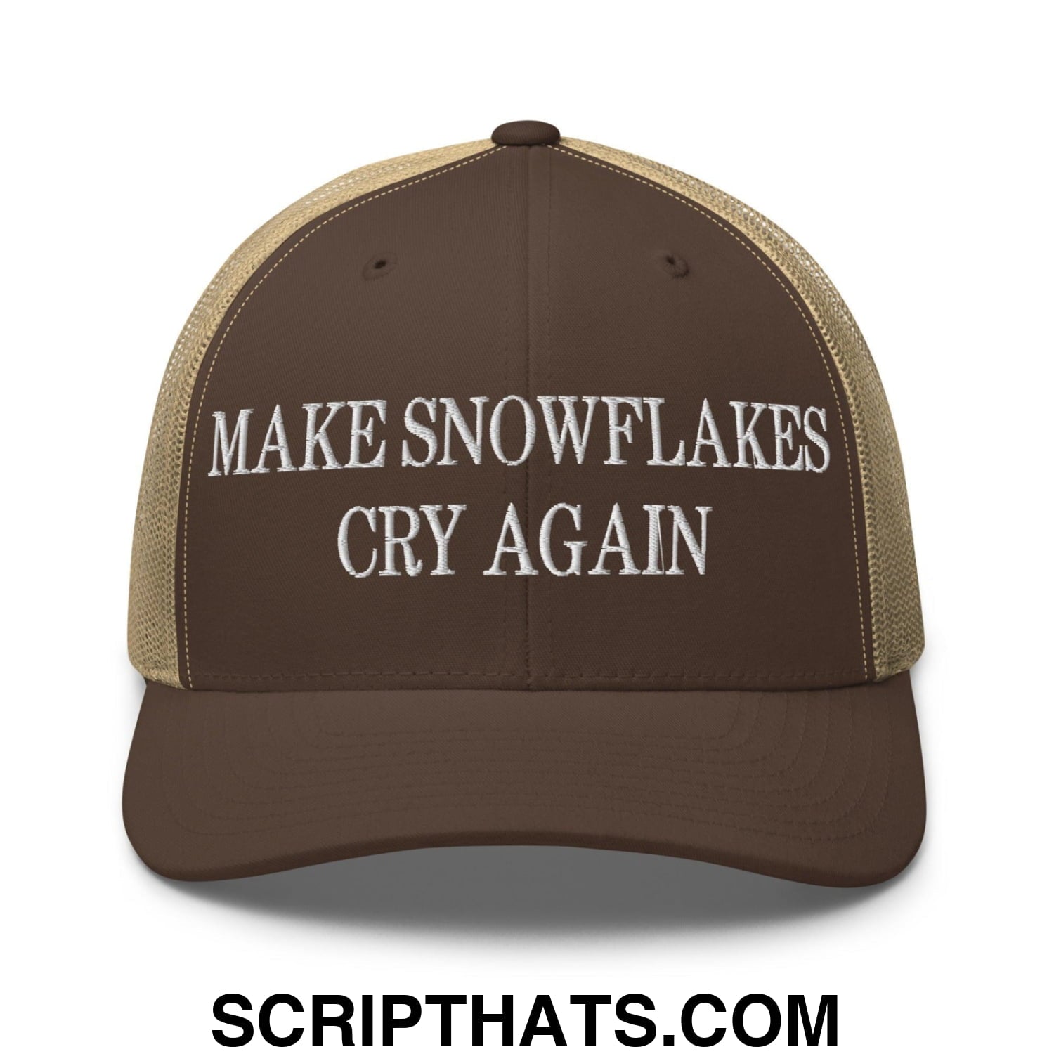 Make Snowflakes Cry Again Embroidered Mesh Trucker Hat Brown Khaki
