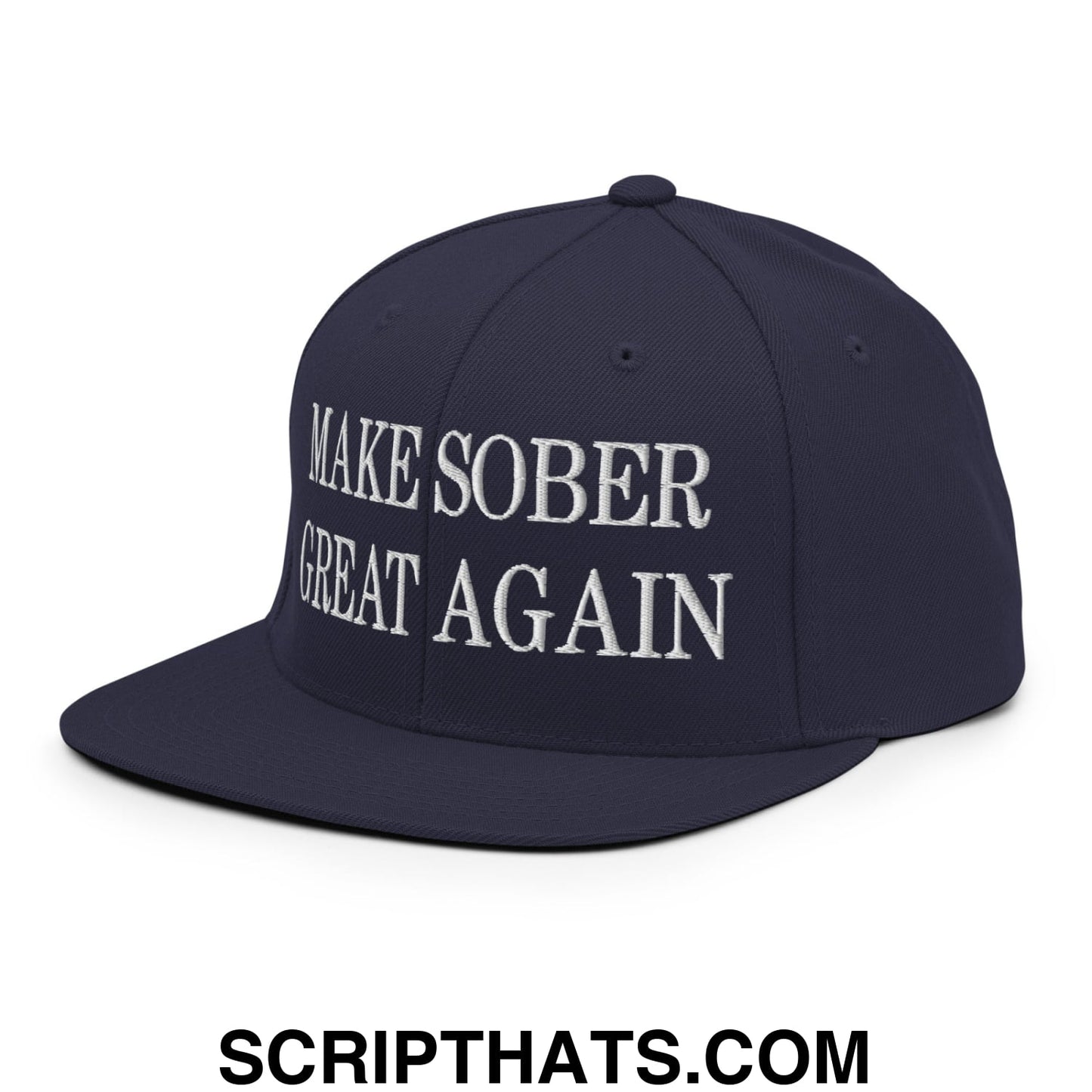 Navy blue snapback cap with white embroidered make sober great again text and flat bill brim for casual wear
