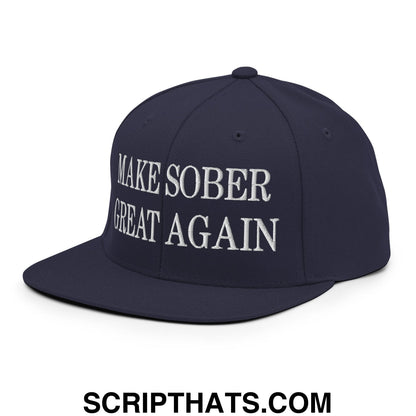 Navy blue snapback cap with white embroidered make sober great again text and flat bill brim for casual wear