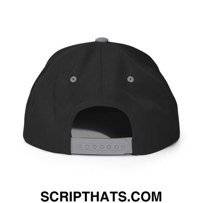 Black snapback cap with gray adjustable strap and button embroidered with make sober great again flat bill brim