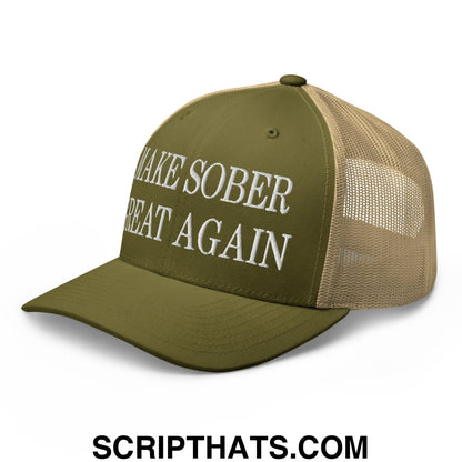 Olive green and tan mesh trucker hat with white embroidered make sober great again text