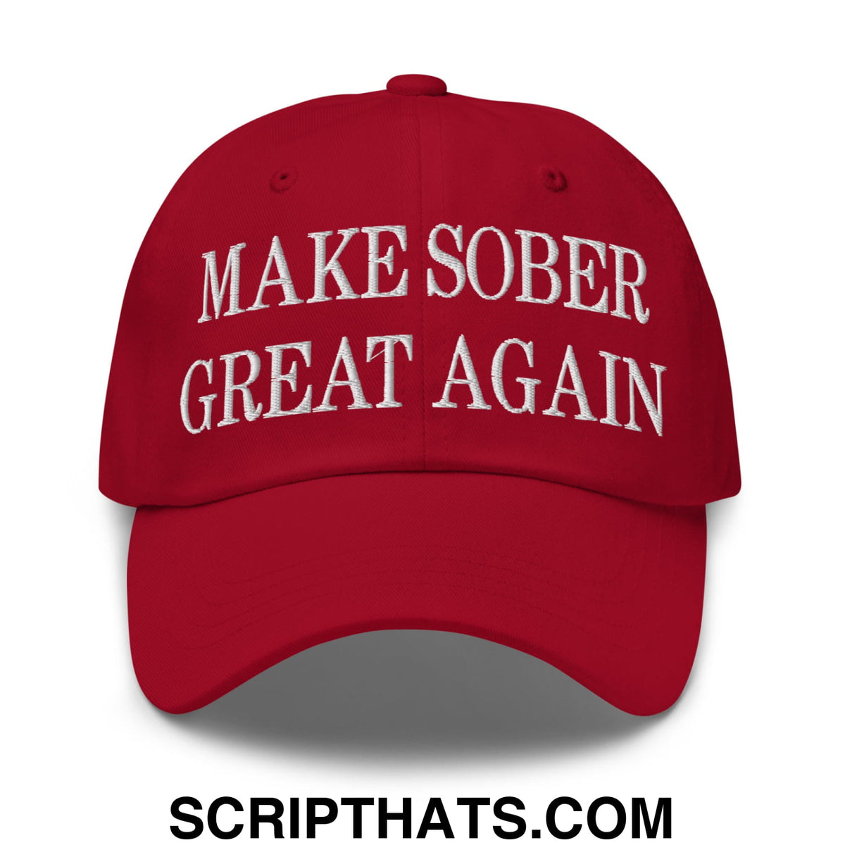 Red embroidered unstructured dad hat with make sober great again text perfect for casual wear