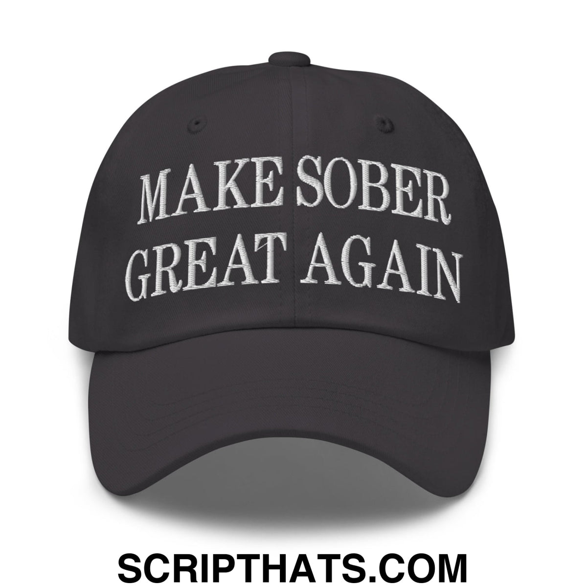 Black unstructured dad hat with white embroidered text reading make sober great again for casual wear
