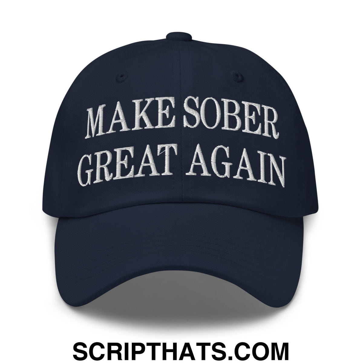Navy blue embroidered make sober great again unstructured dad hat with white text for casual wear