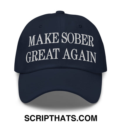 Navy blue embroidered make sober great again unstructured dad hat with white text for casual wear