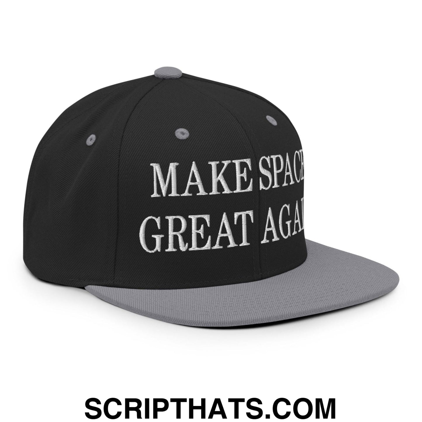 Make Space Great Again Embroidered Flat Bill Brim Snapback Hat Black Silver