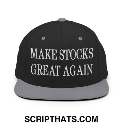 Make Stocks Great Again Embroidered Flat Bill Brim Snapback Hat Black Silver