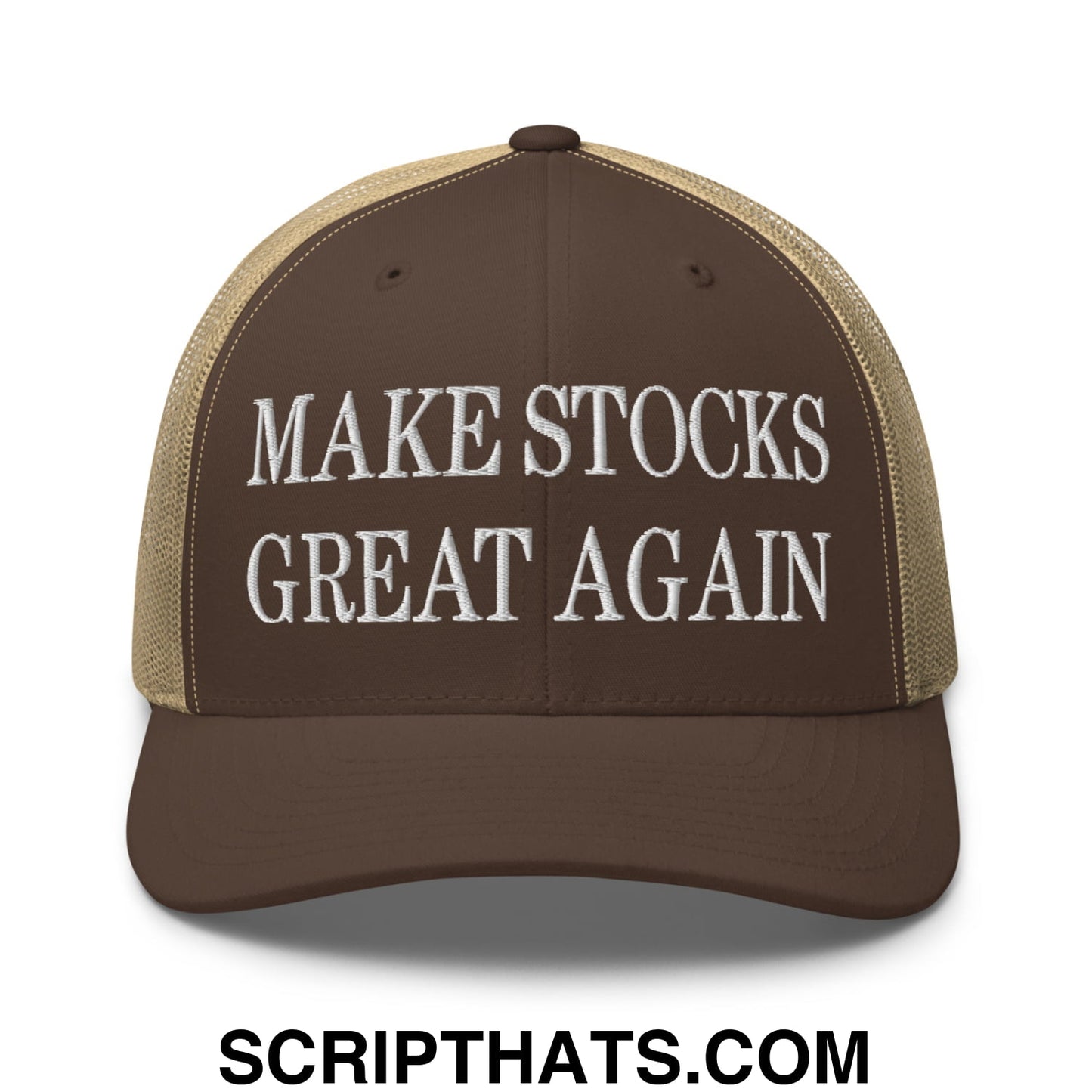 Make Stocks Great Again Embroidered Mesh Trucker Hat Brown Khaki