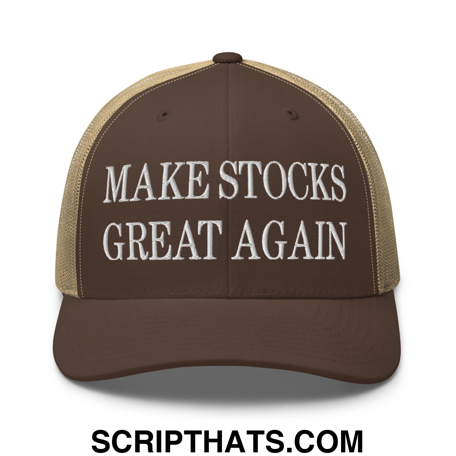 Make Stocks Great Again Embroidered Mesh Trucker Hat Brown Khaki