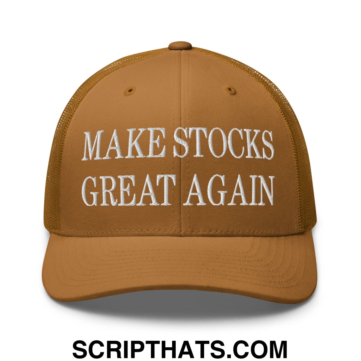 Make Stocks Great Again Embroidered Mesh Trucker Hat Caramel
