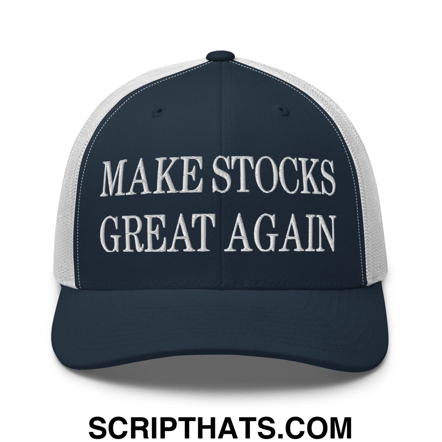 Make Stocks Great Again Embroidered Mesh Trucker Hat Navy White
