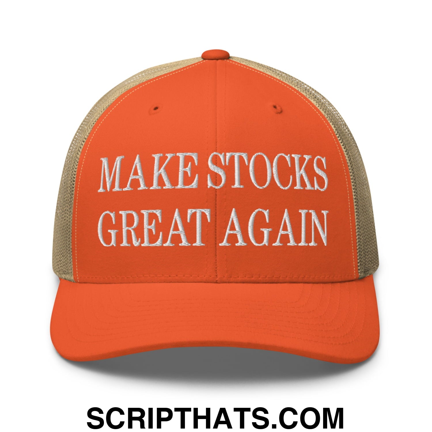 Make Stocks Great Again Embroidered Mesh Trucker Hat Rustic Orange Khaki