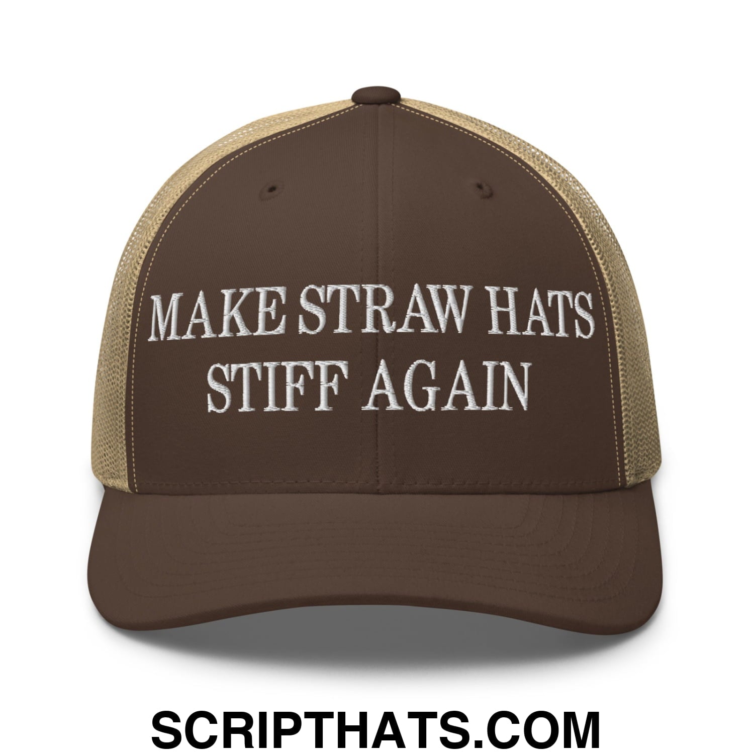 Make Straw Hats Stiff Again Embroidered Mesh Trucker Hat Brown Khaki