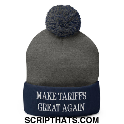 Make Tariffs Great Again Embroidered Knit Pom Pom Beanie Dark Heather Grey Navy