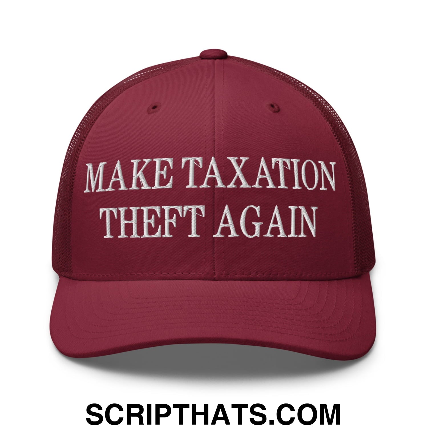 Make Taxation Theft Again Embroidered Mesh Trucker Hat Cranberry