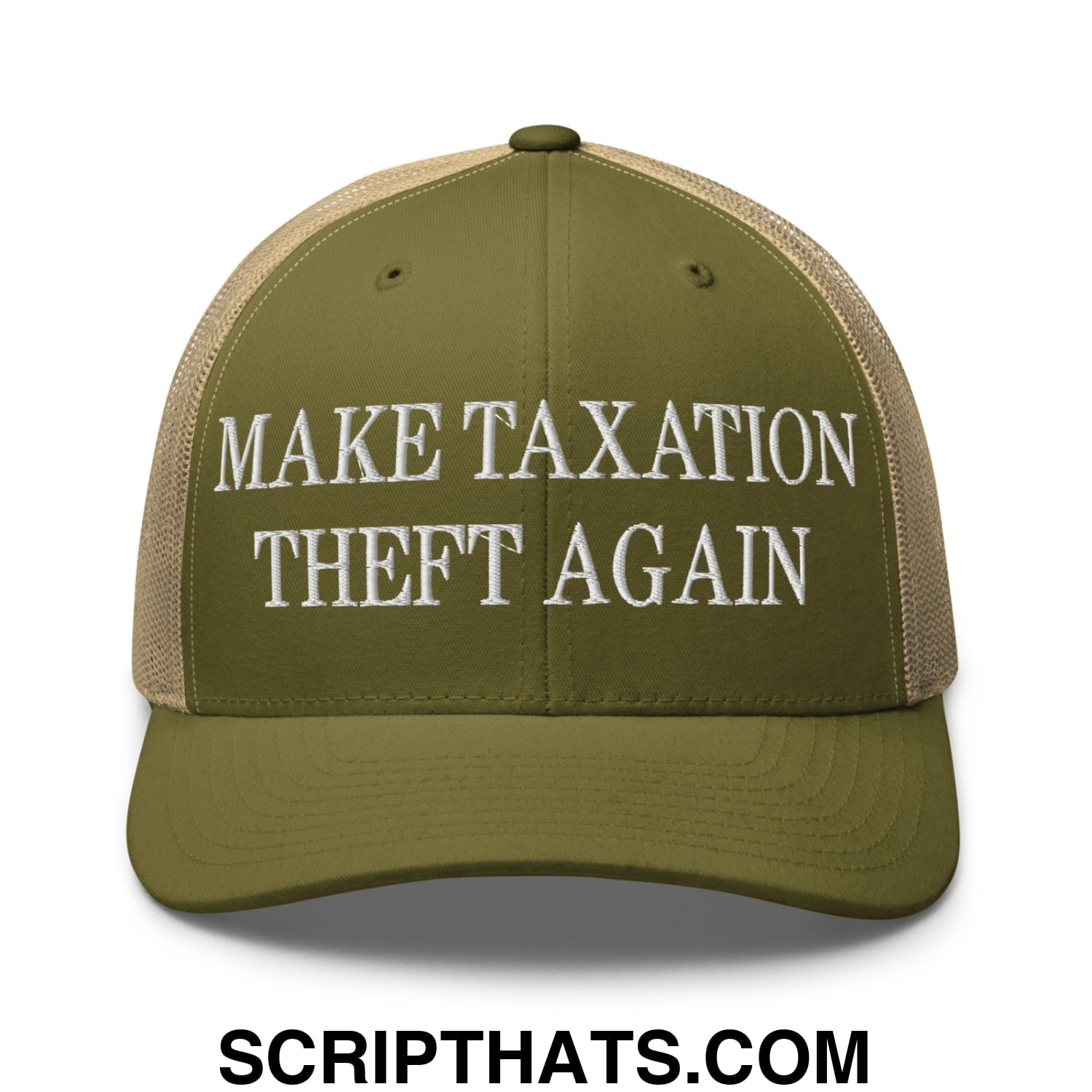 Make Taxation Theft Again Embroidered Mesh Trucker Hat Moss Khaki