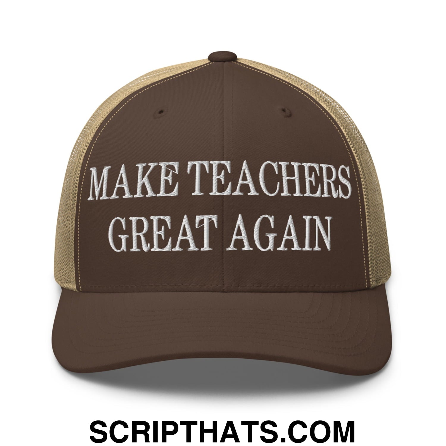 Make Teachers Great Again Embroidered Mesh Trucker Hat Brown Khaki
