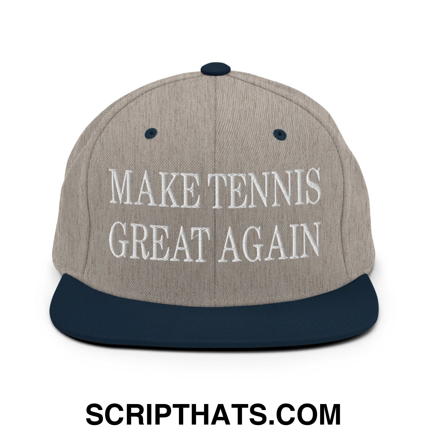 Make Tennis Great Again Embroidered Flat Bill Brim Snapback Hat Heather Grey Navy
