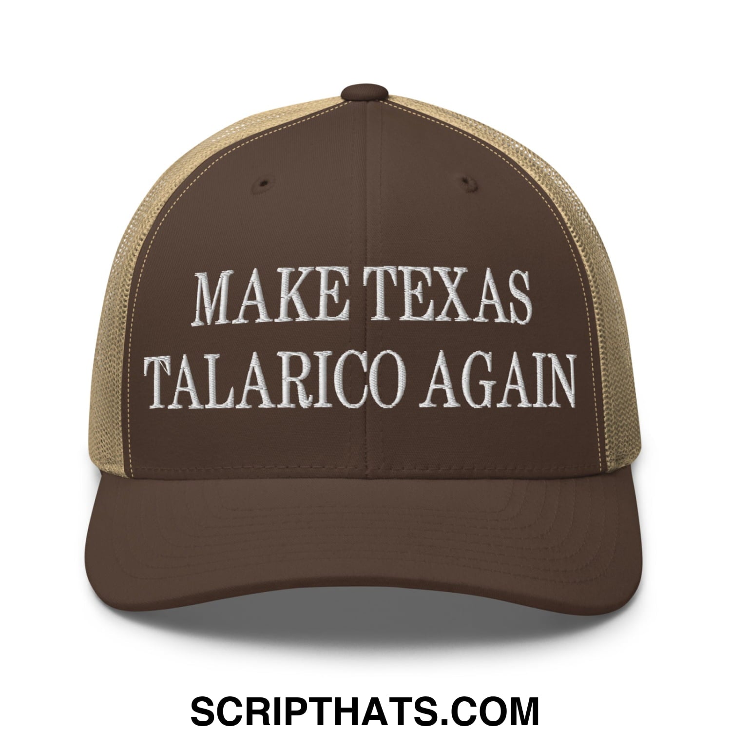 Make Texas Talarico Again Embroidered Mesh Trucker Hat Brown Khaki