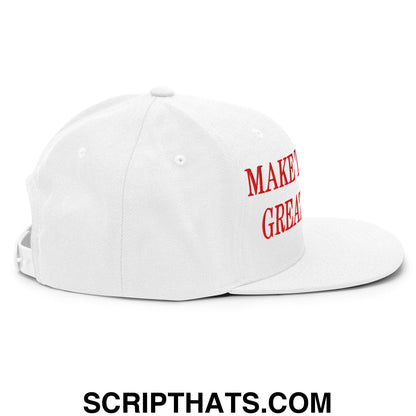 White snapback cap with red embroidered make it great text on the side from make the bills great again collection