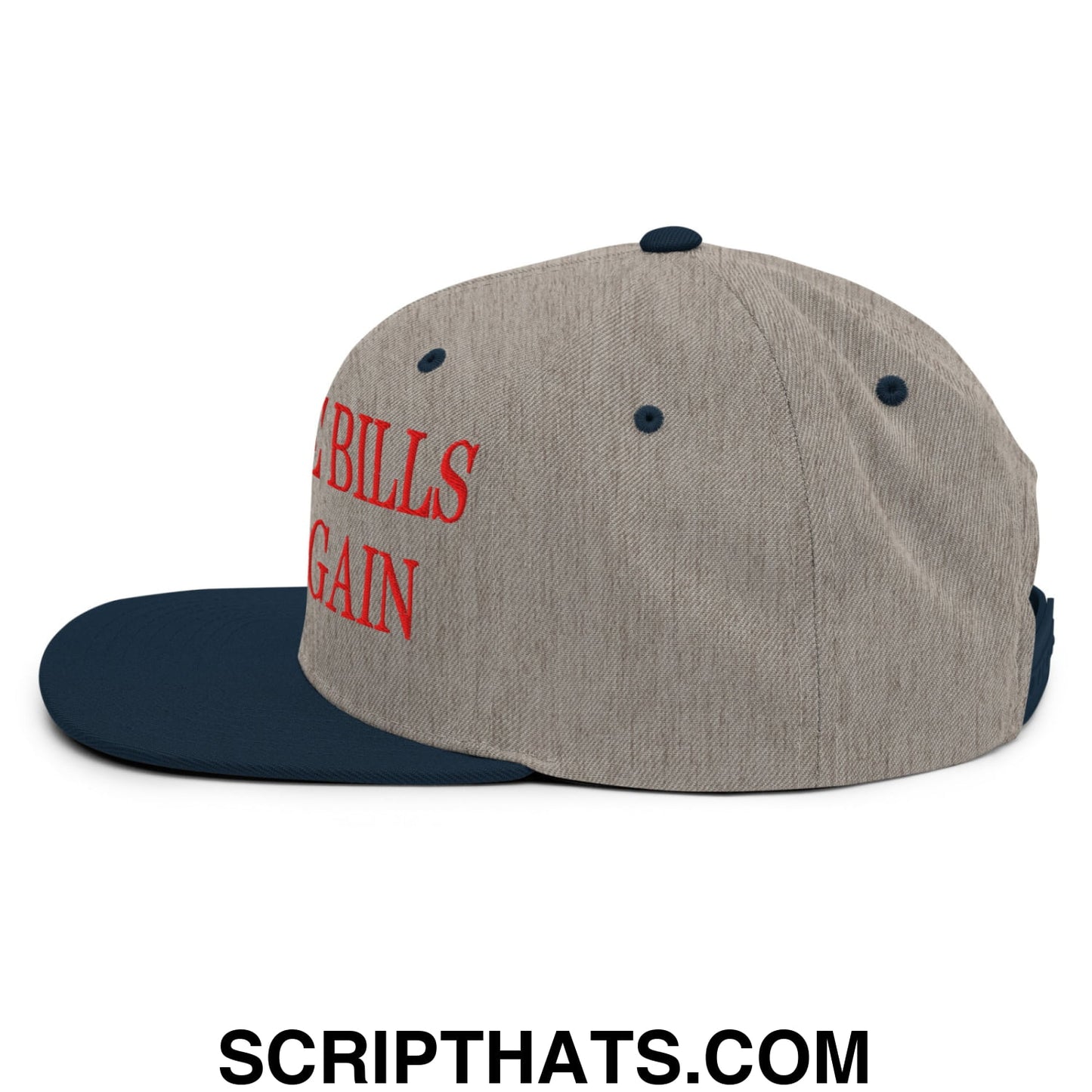 Gray and navy blue snapback hat with red embroidered bills again text on side flat bill brim design