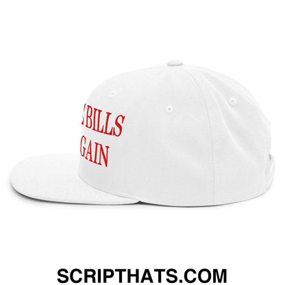 White snapback cap with flat bill and red embroidered bills again text from make the bills great again collection