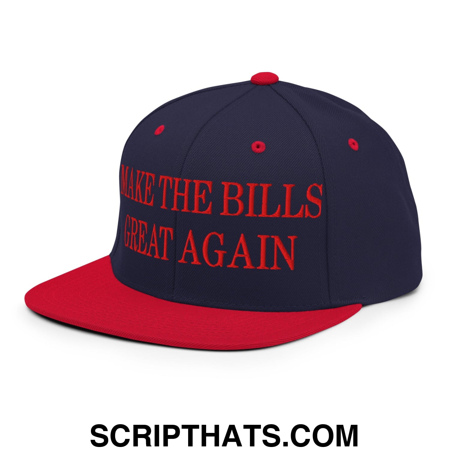 Navy blue and red snapback cap with make the bills great again embroidered in bold red on flat bill brim