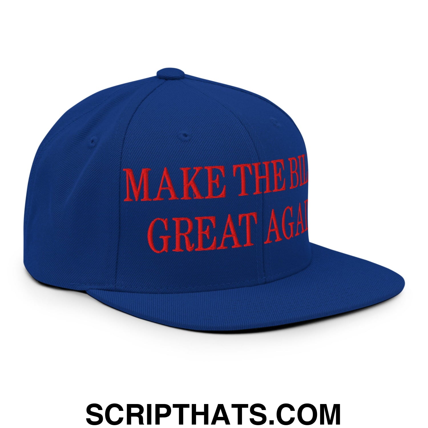 Royal blue snapback hat with red embroidered make the bid great again text and flat bill brim for casual wear