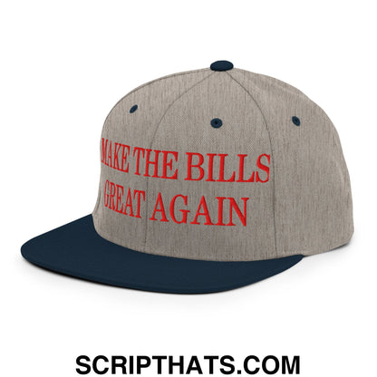 Gray and navy blue snapback hat with red embroidered text make the bills great again on a flat bill brim