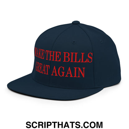 Navy blue snapback cap with bold red embroidered text make the bills great again and flat bill brim design