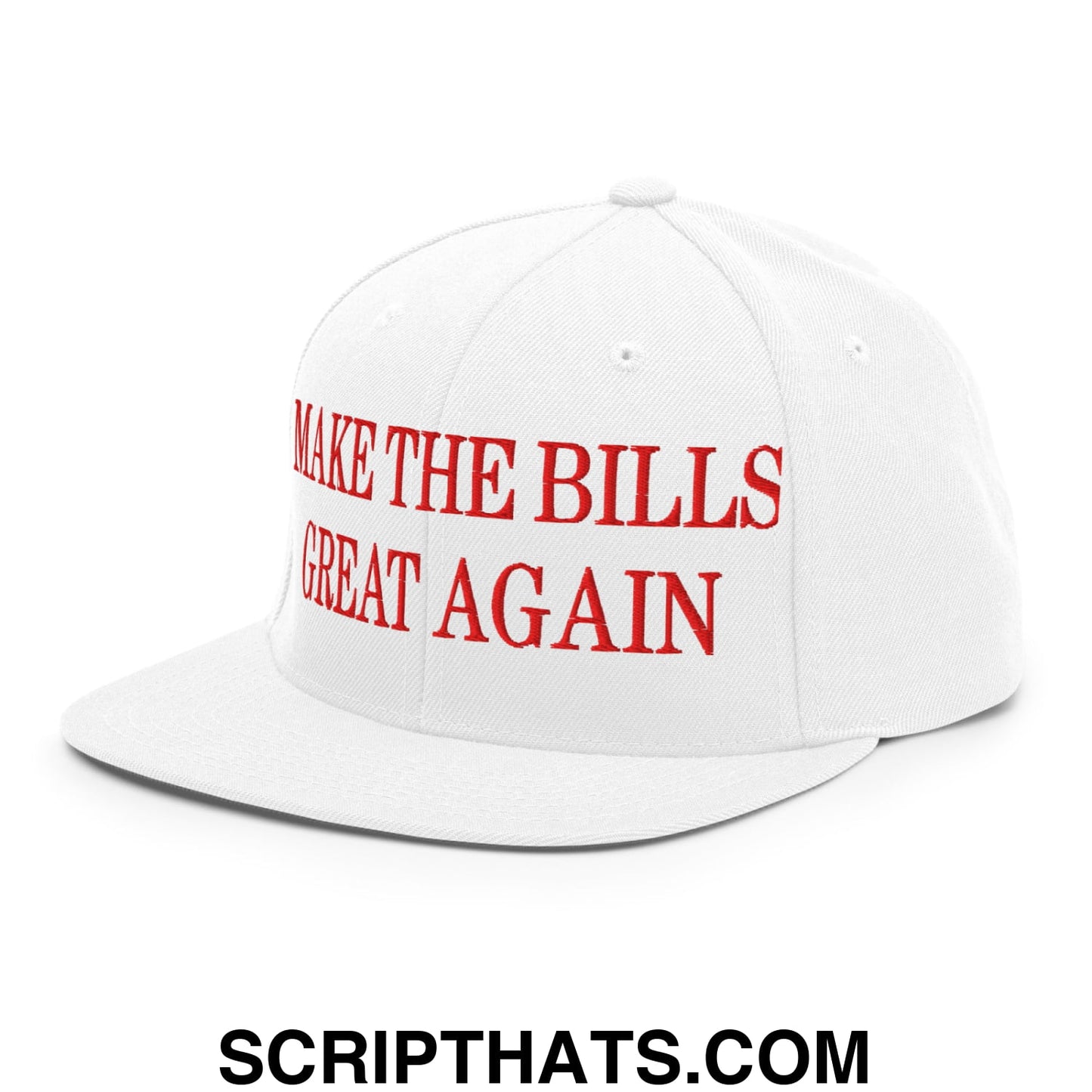 White snapback hat with flat bill brim featuring bold red embroidered text make the bills great again on front