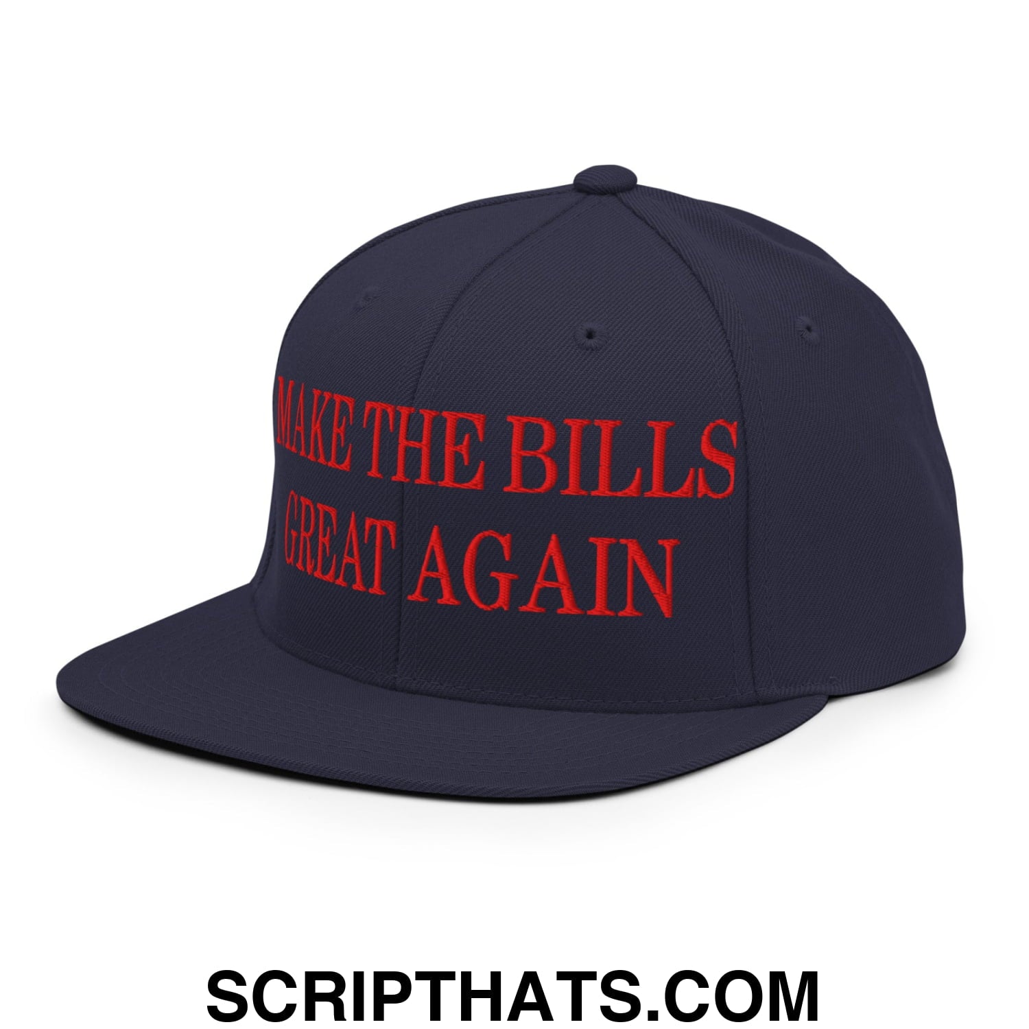 Navy blue snapback hat with bold red embroidered text make the bills great again and flat bill brim design