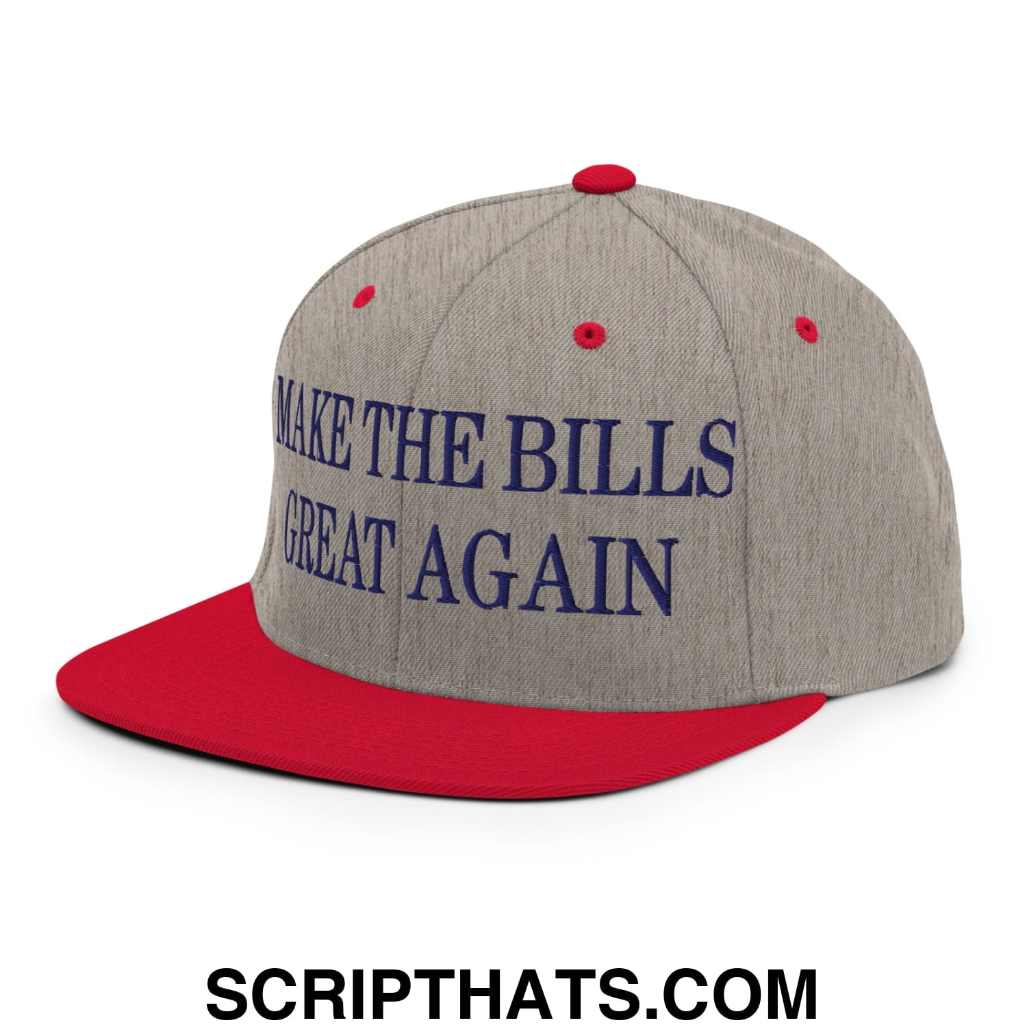 Make the bills great again embroidered flat bill brim snapback hat in gray and red with navy blue text