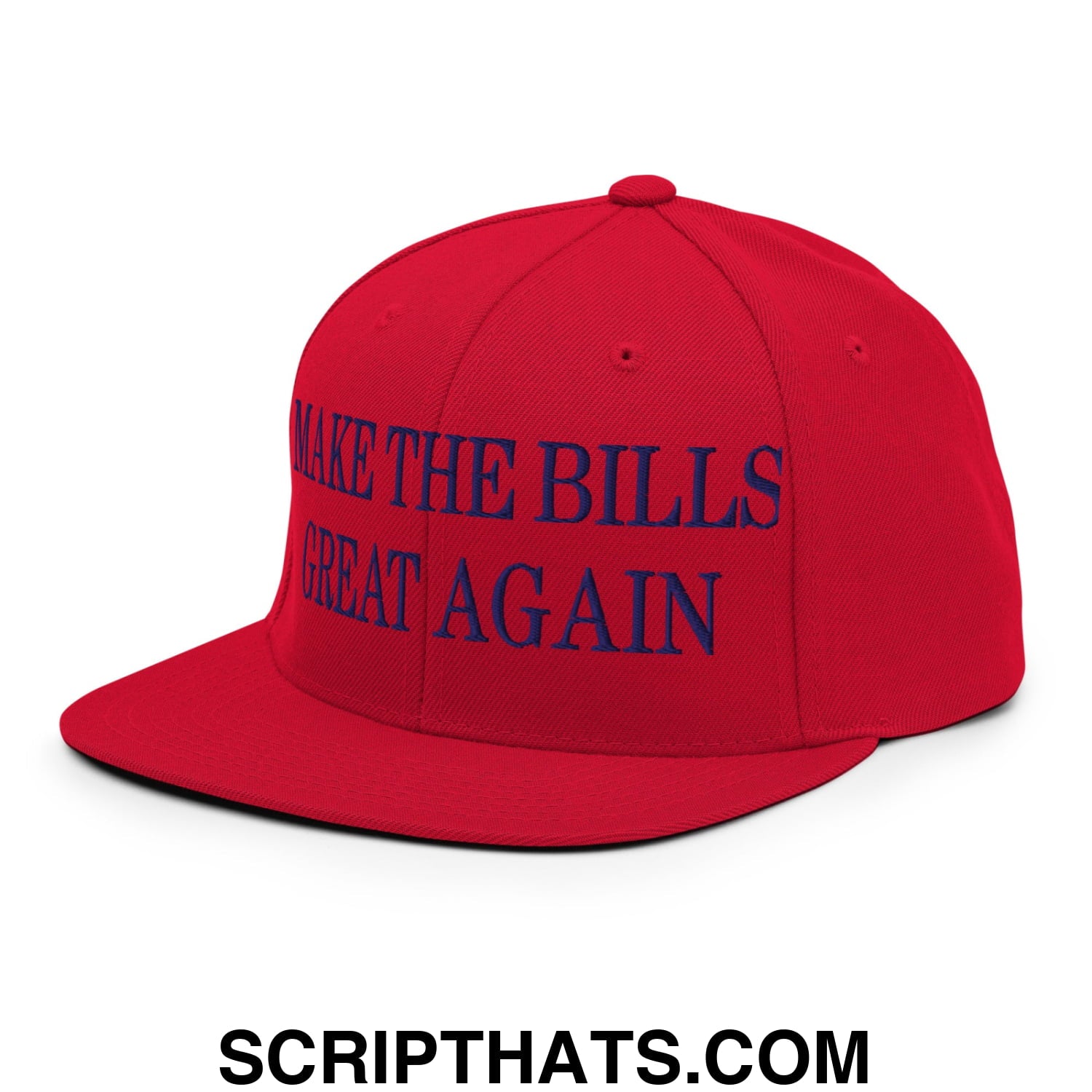 Red snapback cap with navy blue embroidered text make the bills great again on flat bill brim design