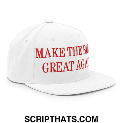 White snapback cap with red embroidered text make the bills great again on flat bill brim