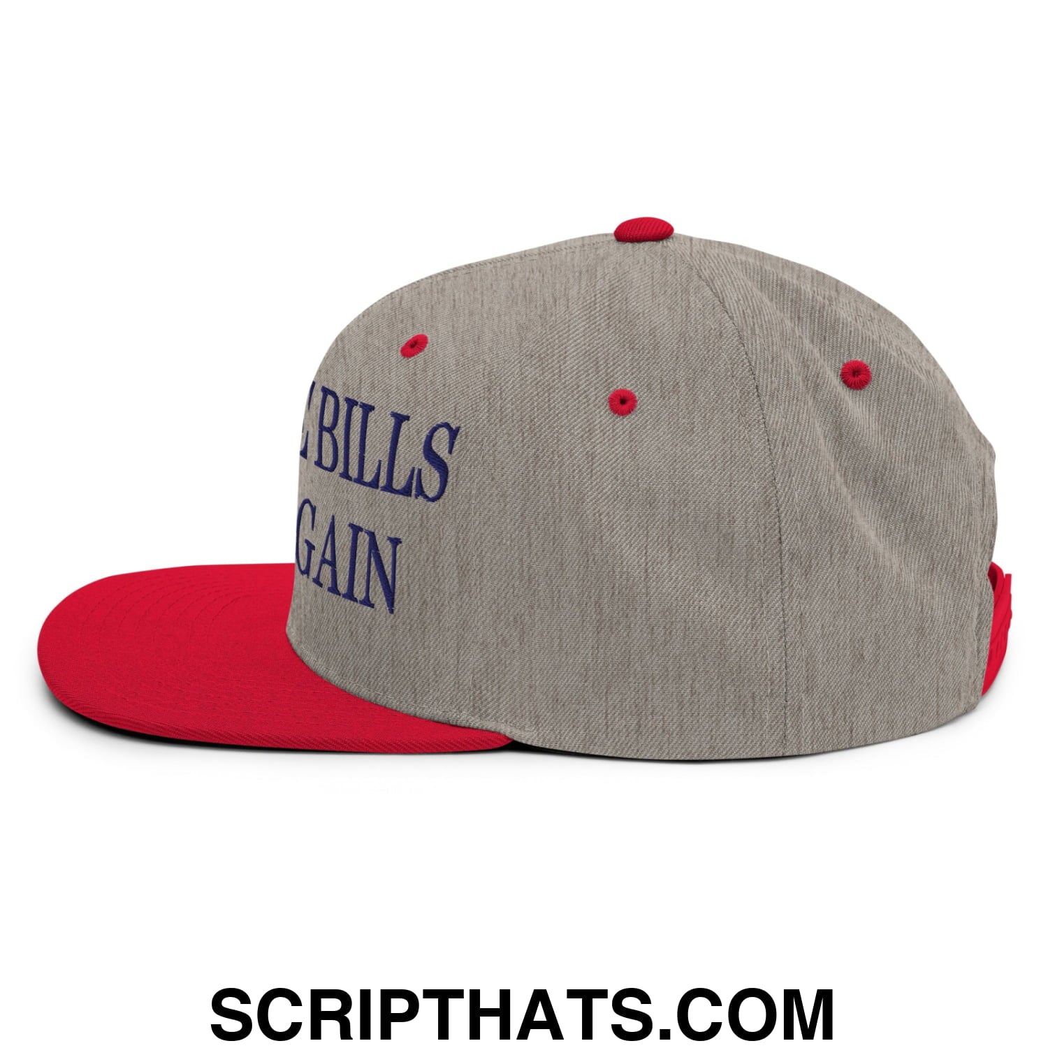 Gray and red snapback cap with make the bills great again embroidered flat bill brim and navy blue bills again script