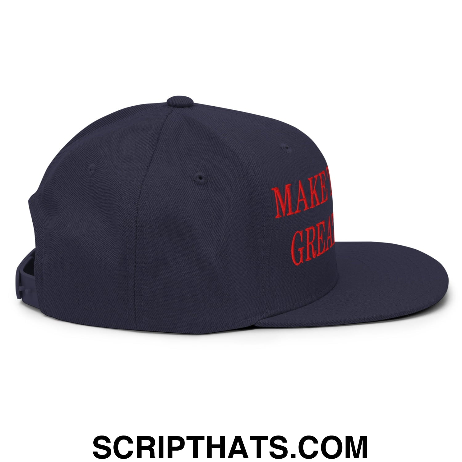 Navy blue snapback hat with flat bill and red embroidered make america great again text for patriotic wear
