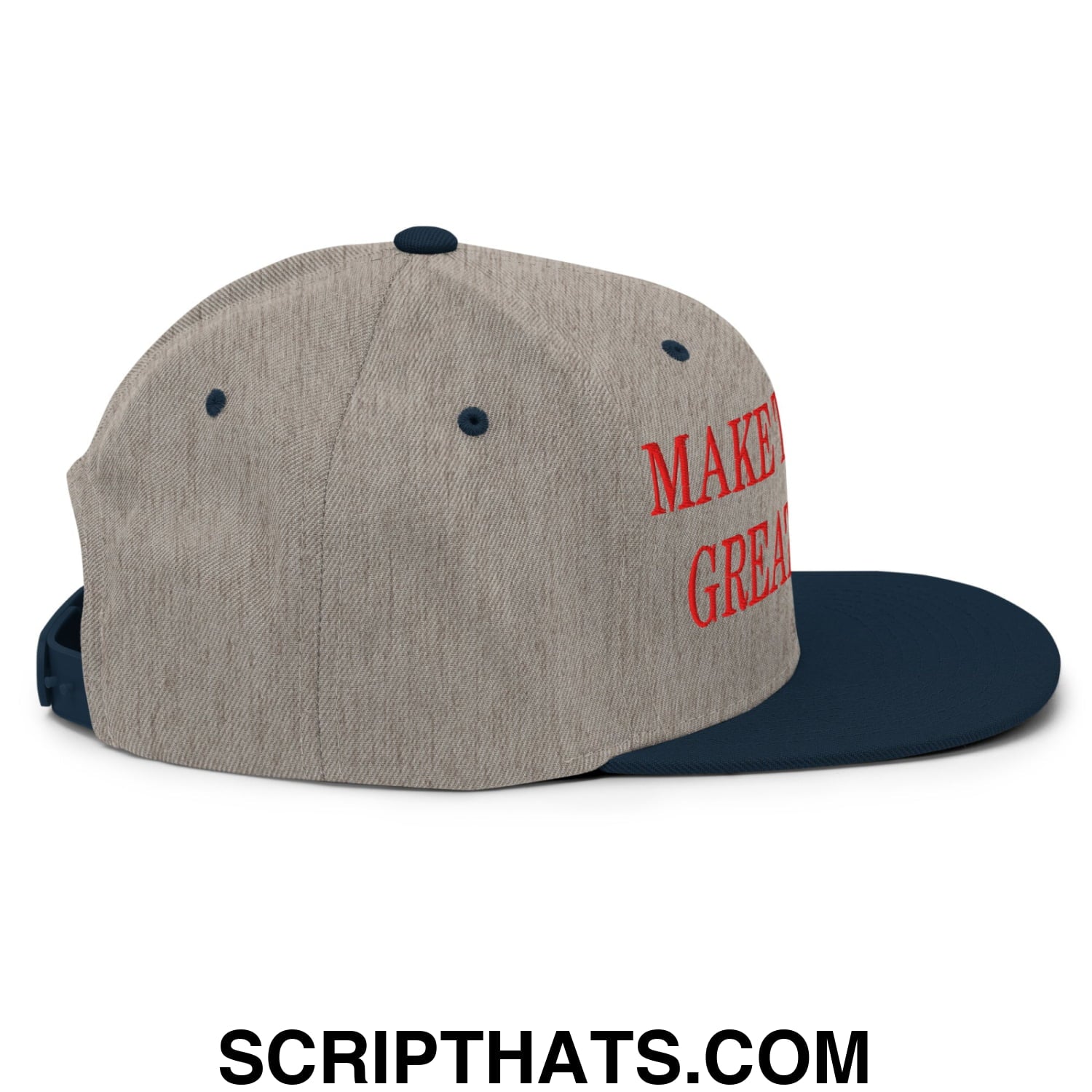 A heather gray snapback hat with navy blue brim and red embroidered text make the bills great again design
