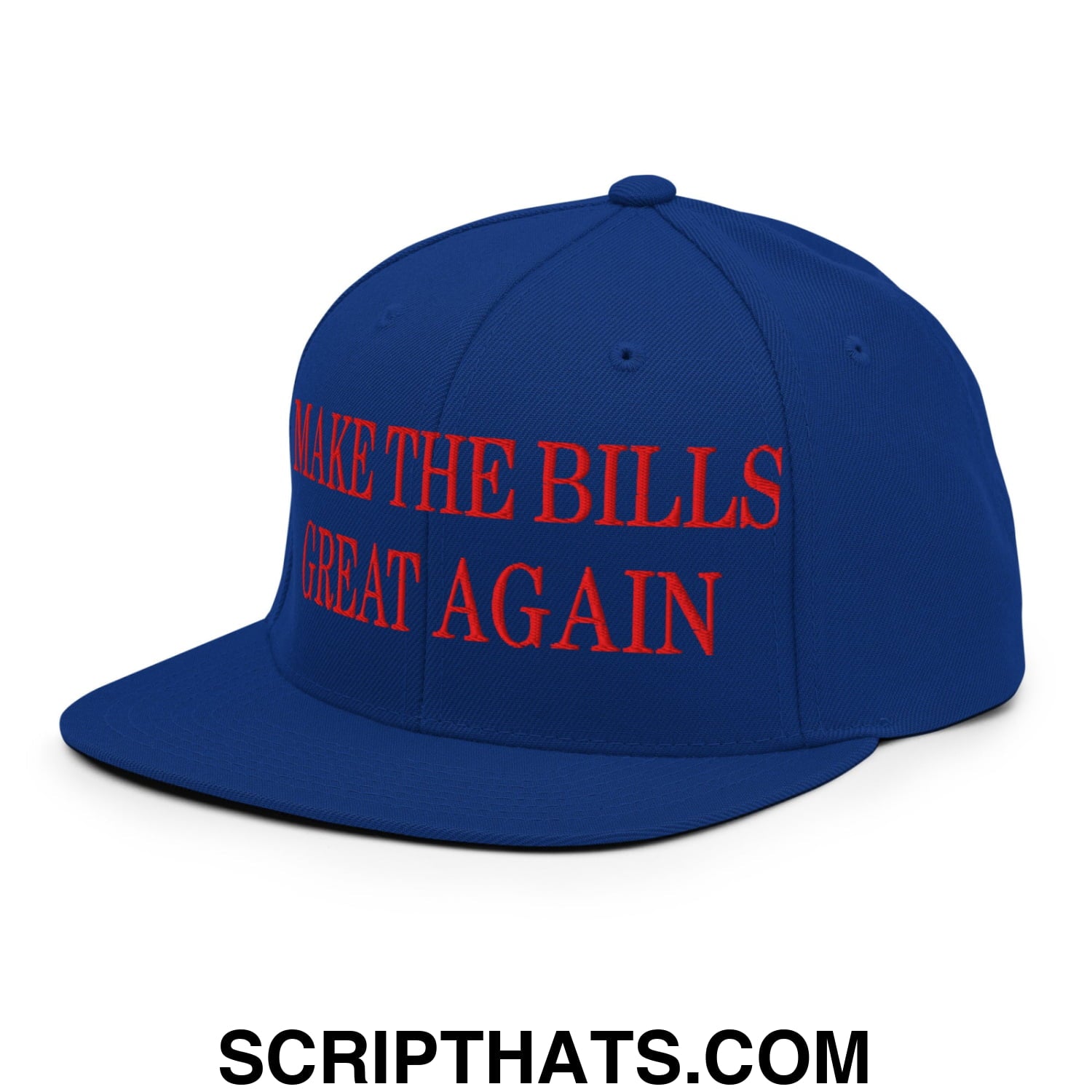 Blue snapback cap with red embroidered text Make the Bills Great Again featuring a flat bill brim design