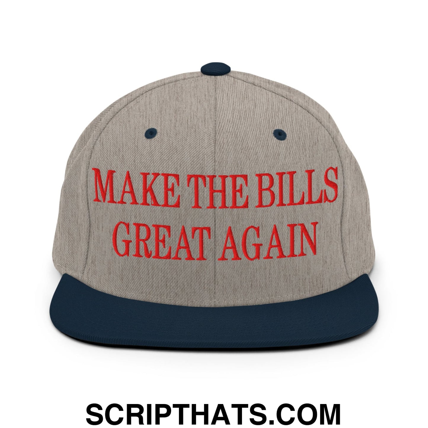 Gray and navy blue embroidered snapback cap with red make the bills great again text and flat bill brim