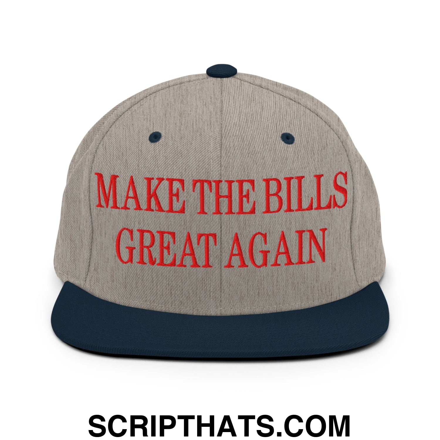 Gray and navy blue embroidered snapback cap with red make the bills great again text and flat bill brim