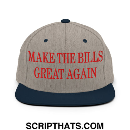 Gray and navy blue embroidered snapback cap with red make the bills great again text and flat bill brim