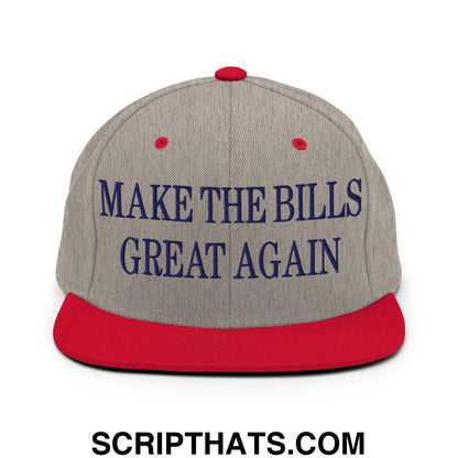 Gray and red snapback hat with make the bills great again embroidered in navy blue on a flat bill brim