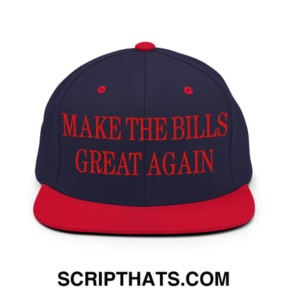 Navy blue and red snapback hat with embroidered make the bills great again text in bold red lettering