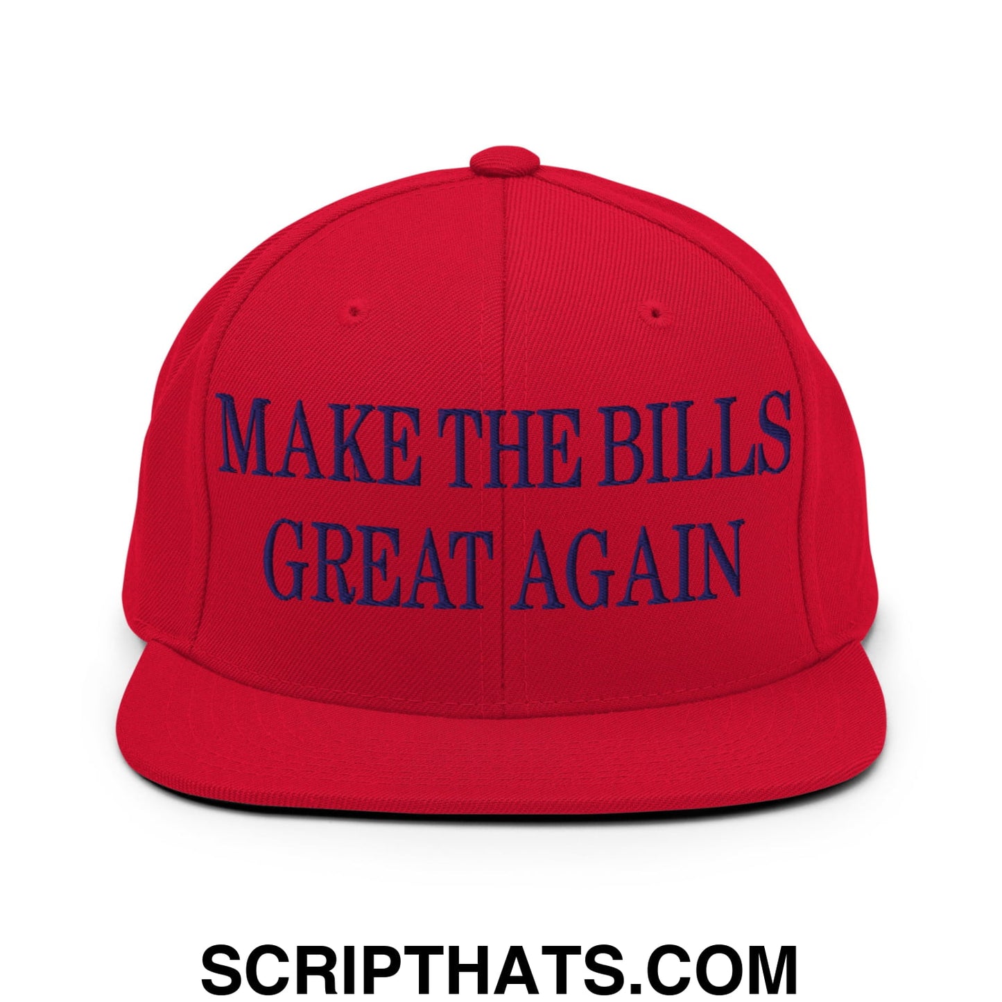 Red snapback cap with navy blue embroidered text make the bills great again and a flat bill brim design