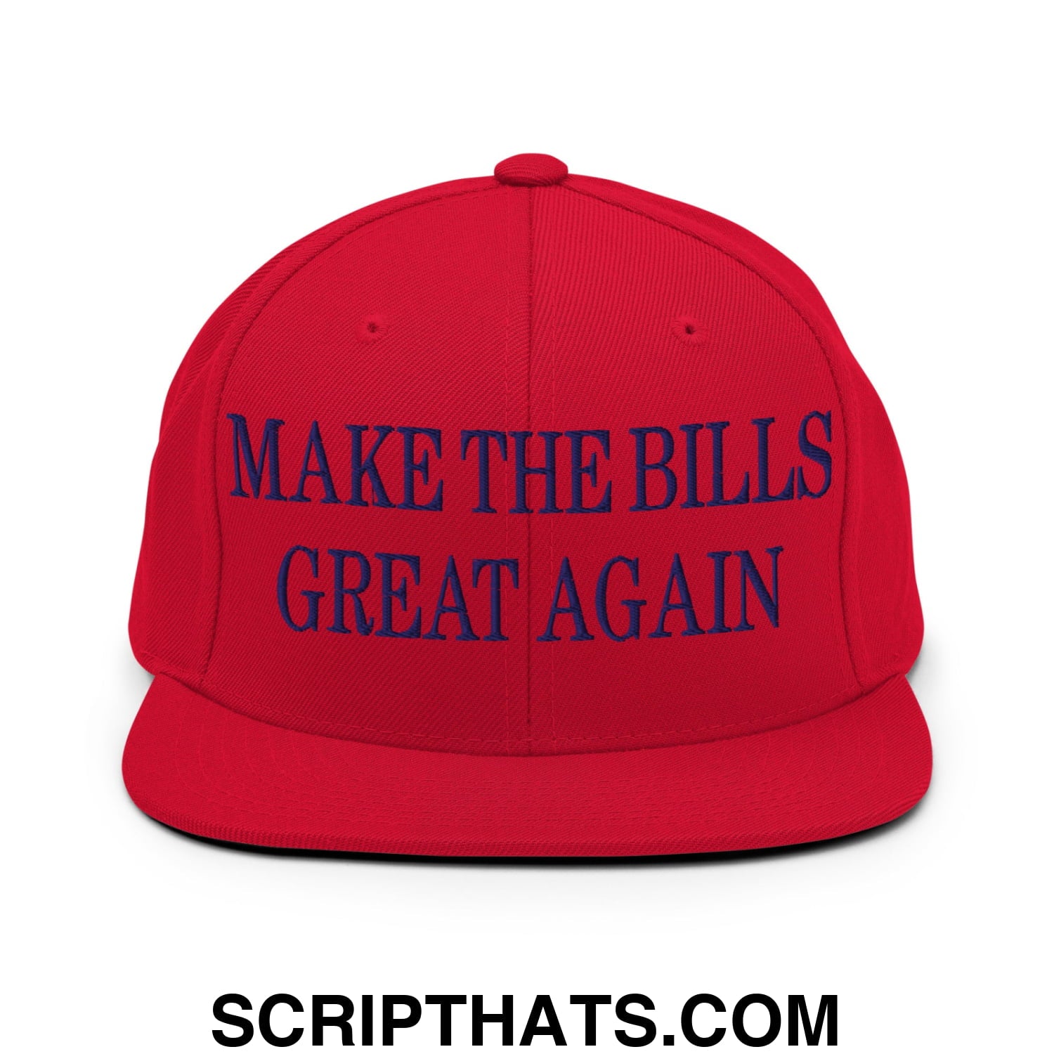 Red snapback cap with navy blue embroidered text make the bills great again and a flat bill brim design